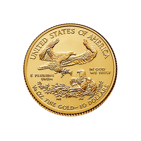 Gold American Eagle coin 1/4 oz with flying eagle holding olive branch above a nest with eaglets and inscriptions.
